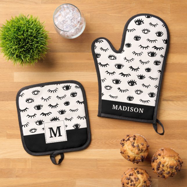 Niedlich Doodle Eyelash Muster Ofenhandschuh & Topflappen-Set (Oben Unten)