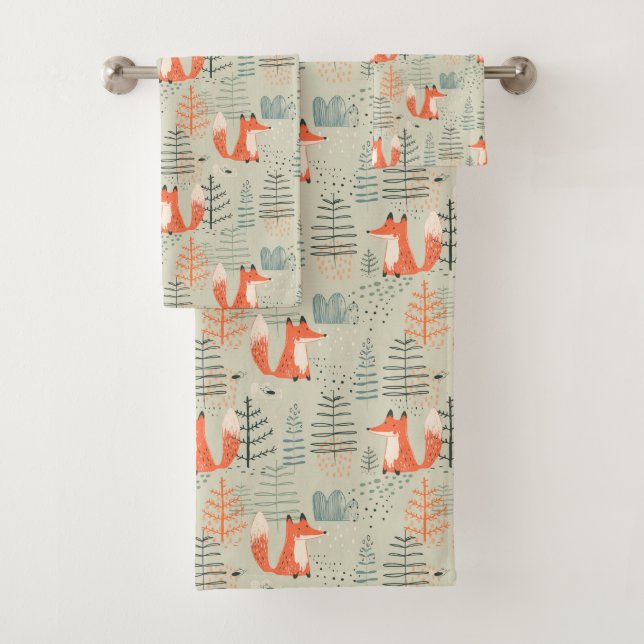 Niedlich Doodle Fox Forest Woodland Muster Badhandtuch Set (Insitu)