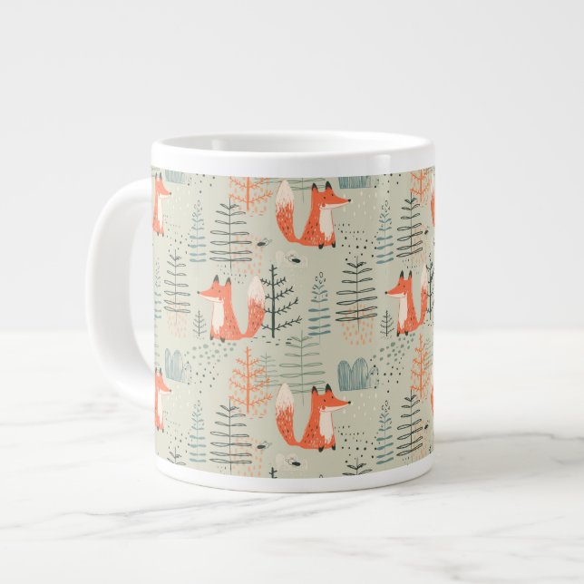 Niedlich Doodle Fox Forest Woodland Muster Jumbo-Tasse (Vorderseite Links)