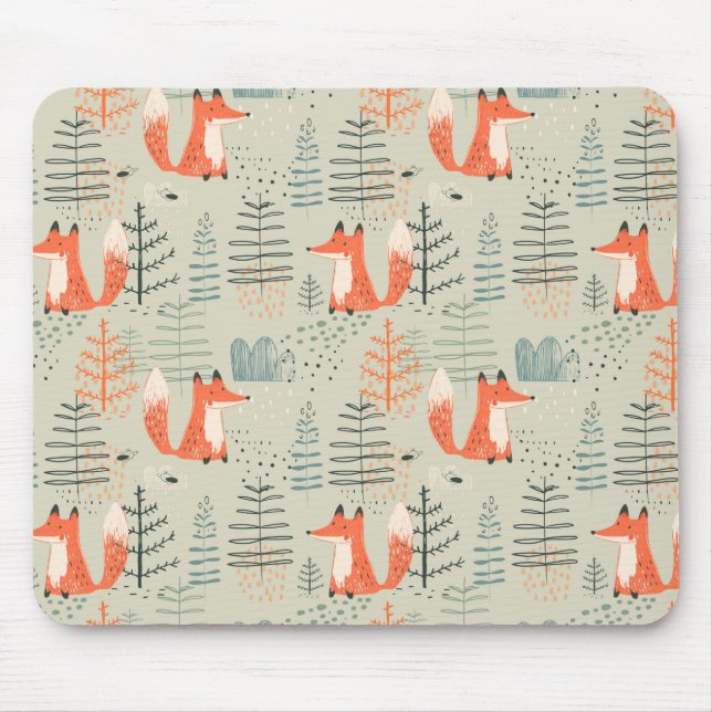Niedlich Doodle Fox Forest Woodland Muster Mousepad (Vorne)