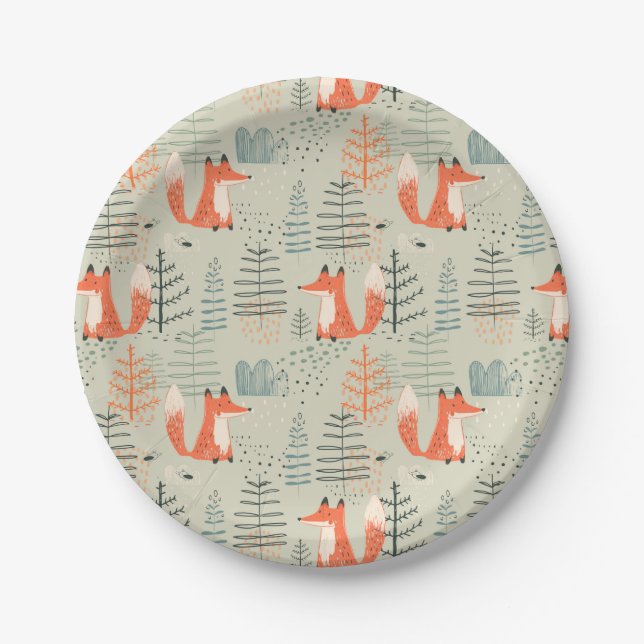 Niedlich Doodle Fox Forest Woodland Muster Pappteller (Vorderseite)