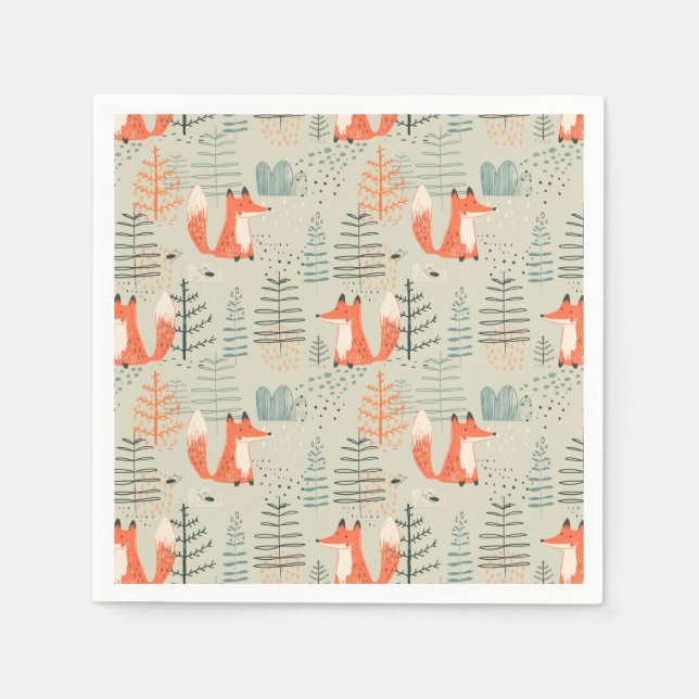 Niedlich Doodle Fox Forest Woodland Muster Serviette (Vorderseite)