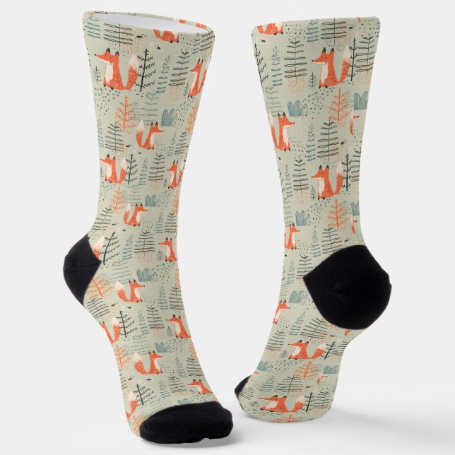 Niedlich Doodle Fox Forest Woodland Muster Socken (Gewinkelt)