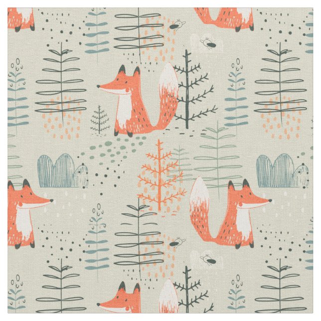 Niedlich Doodle Fox Forest Woodland Muster Stoff (Nahaufnahme)