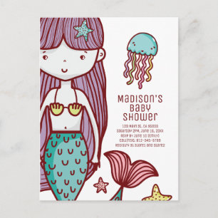 Niedlich Doodle Hübsch Mermaid & Jellyfish Babydus Einladungspostkarte