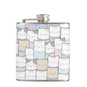 Niedlich Doodle Kitten Faces Pattern Flachmann