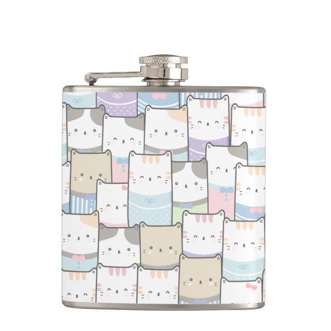 Niedlich Doodle Kitten Faces Pattern Flachmann (Vorderseite)