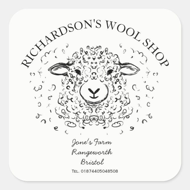 Niedlich Doodle Lamb Illustration - Wollgeschäft Quadratischer Aufkleber (Vorderseite)