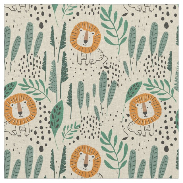 Niedlich Doodle Lion Jungle Regenwaldmuster Stoff (Nahaufnahme)