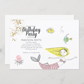 Niedlich Doodle Mermaid Imitate Gold Geburtstag Ei Einladung