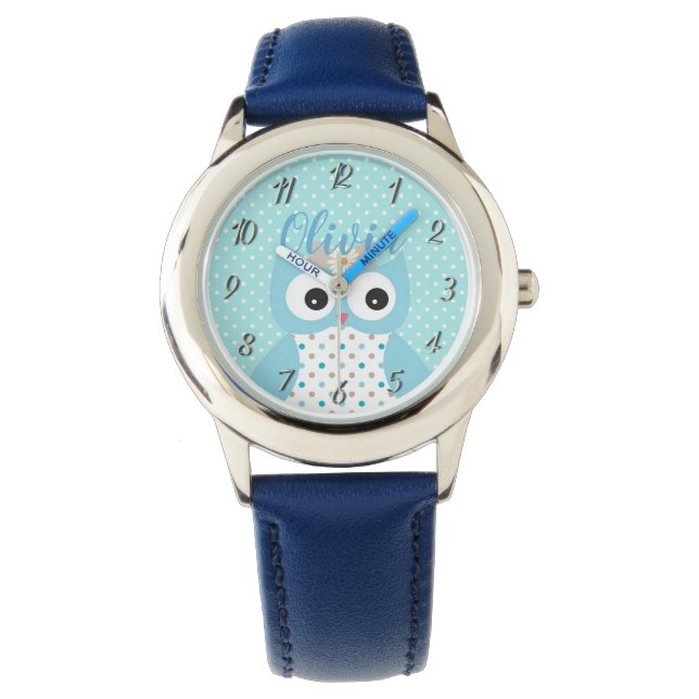 Niedlich Dotty Blue Owl Art Personalisiert Girls Armbanduhr (Vorderseite)