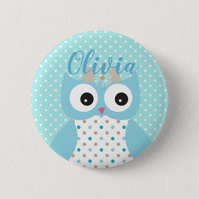 Niedlich Dotty Blue Owl Art Personalisiert Girls Button (Vorderseite)