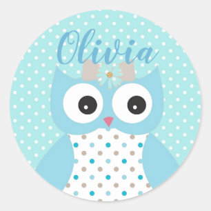 Niedlich Dotty Blue Owl Art Personalisiert Girls Runder Aufkleber