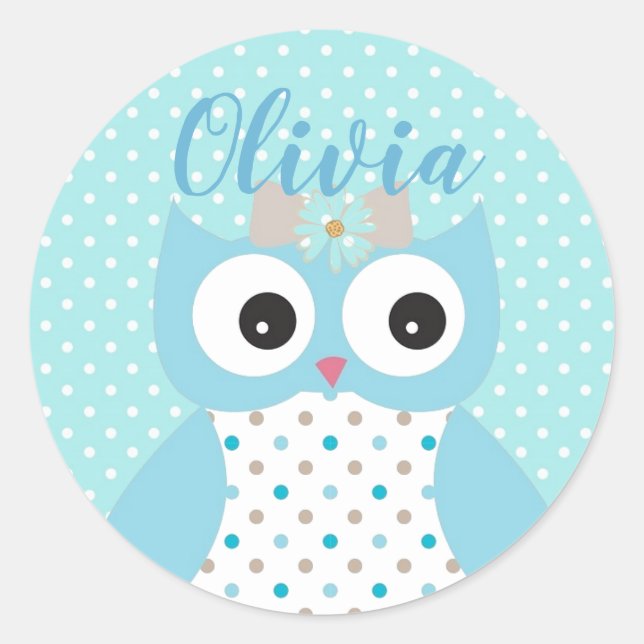 Niedlich Dotty Blue Owl Art Personalisiert Girls Runder Aufkleber (Vorderseite)