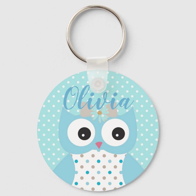 Niedlich Dotty Blue Owl Art Personalisiert Schlüsselanhänger (Vorderseite)