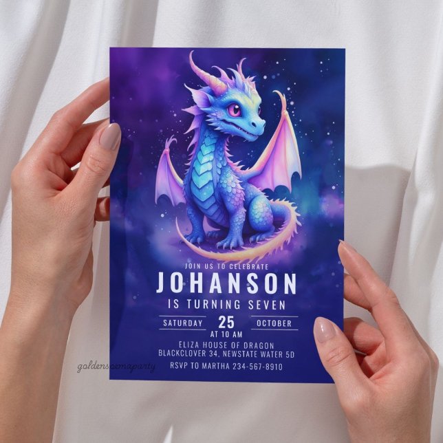 Niedlich Dragon Fantasy Dark Blue Birthday Party Einladung (Dragon Fantasy Dark Blue Birthday Party Invitation)