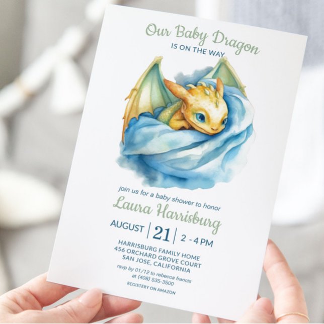 Niedlich Dragon Sage Green Blue Baby Boy Dusche Einladung (Drago Baby Shower Invitation)