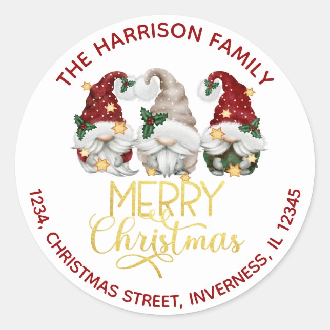 Niedlich drei Gnomes Frohe Weihnachtsadresse Runder Aufkleber (Vorderseite)