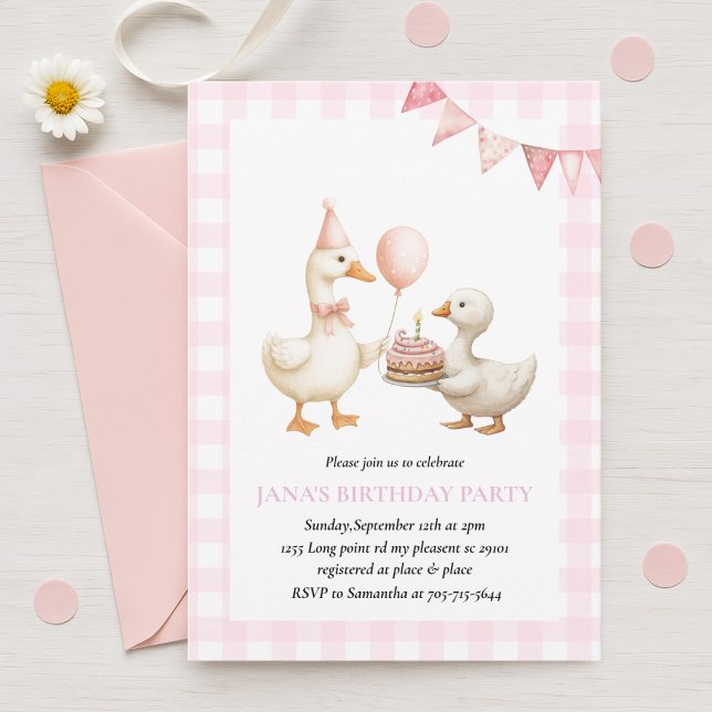 Niedlich Duck Birthday Party | Pink Gingham Farm T Einladung (Von Creator hochgeladen)