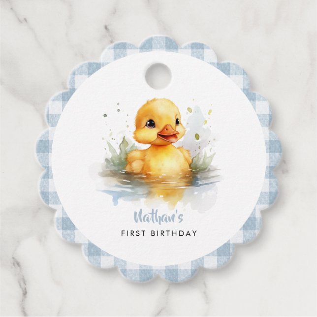 Niedlich Duck Gingham First Birthday Geschenkanhänger (Vorderseite)