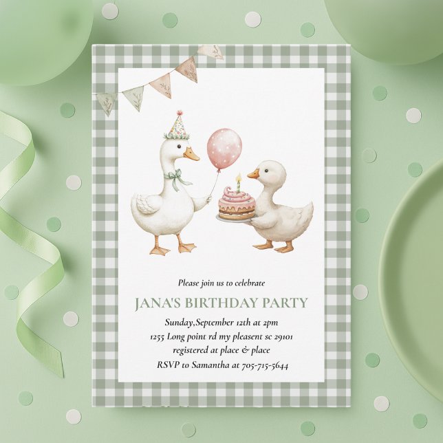 Niedlich Duck Green Gingham Birthday Einladung (Von Creator hochgeladen)