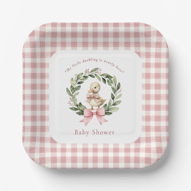 Niedlich Duckling Pink Gingham Baby Dusche Teller (Vorderseite)