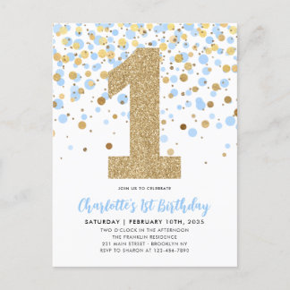 Niedlich Dusty Blue Gold Glitzer Confetti 1. Gebur Postkarte
