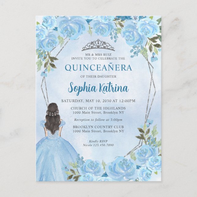 Niedlich Dusty Blue Silver Floral Prinzessin Quinc Postkarte (Vorderseite)