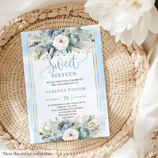 Niedlich Dusty Blue White Peonies Sweet 16 Einladu Einladung