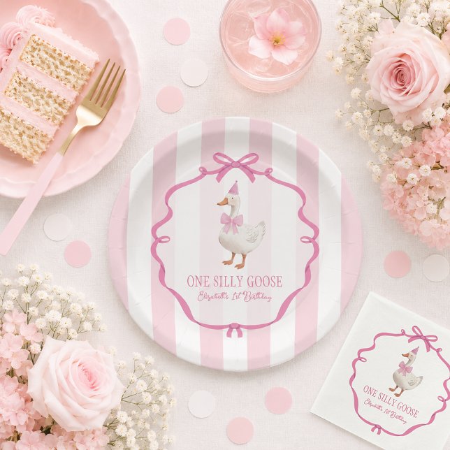 Niedlich ein Alberner Gänserosa Bob Erster Geburts Pappteller (Cute One Silly Goose Pink Bow First Birthday Paper Plates)