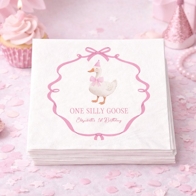 Niedlich ein Alberner Gänserosa Bob Erster Geburts Serviette (Cute One Silly Goose Pink Bow First Birthday Napkins)