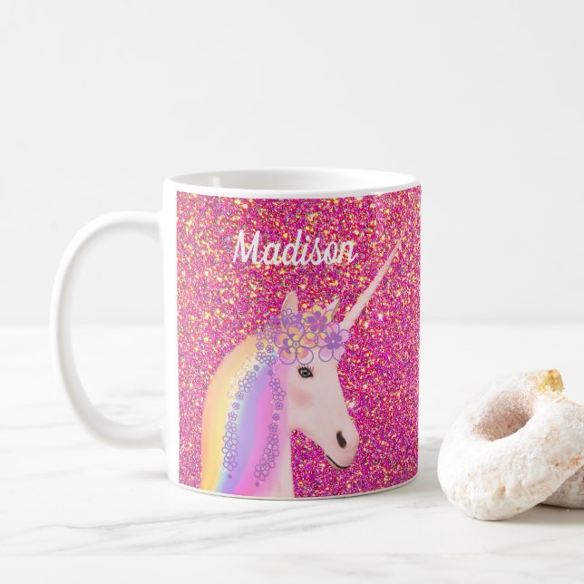 Niedlich Einhorn Rosa Glitzer Personalisiert Kinde Kaffeetasse (Mit Donut)