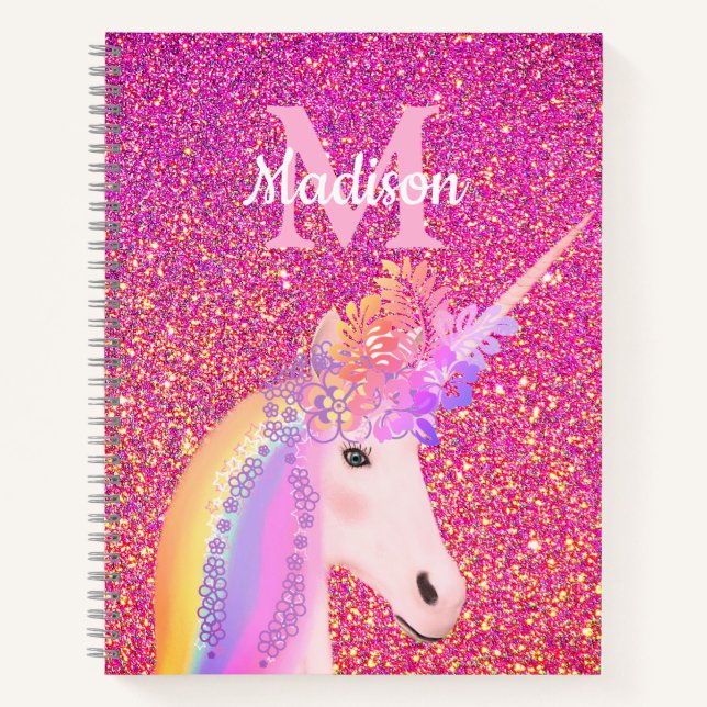 Niedlich Einhorn Rosa Glitzer Personalisiert Notizbuch (Vorderseite)