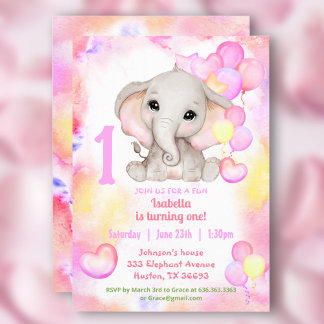 Niedlich Elefant Summer Colorful Girl 1. Geburtsta Einladung