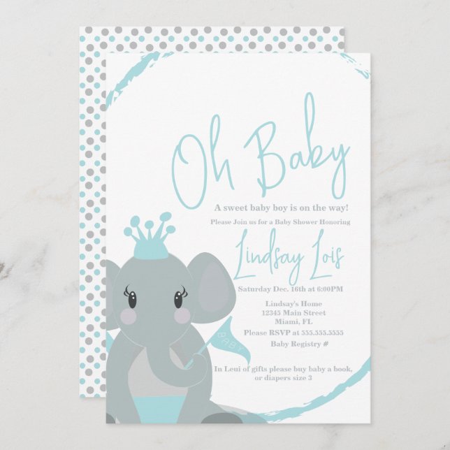 Niedlich Elephant Baby Boy Elegante Script Baby Sh Einladung (Vorne/Hinten)
