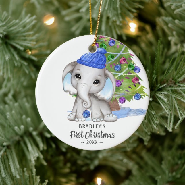 Niedlich Elephant Baby Boy Erstes Weihnachtsfest F Keramik Ornament (Baum)