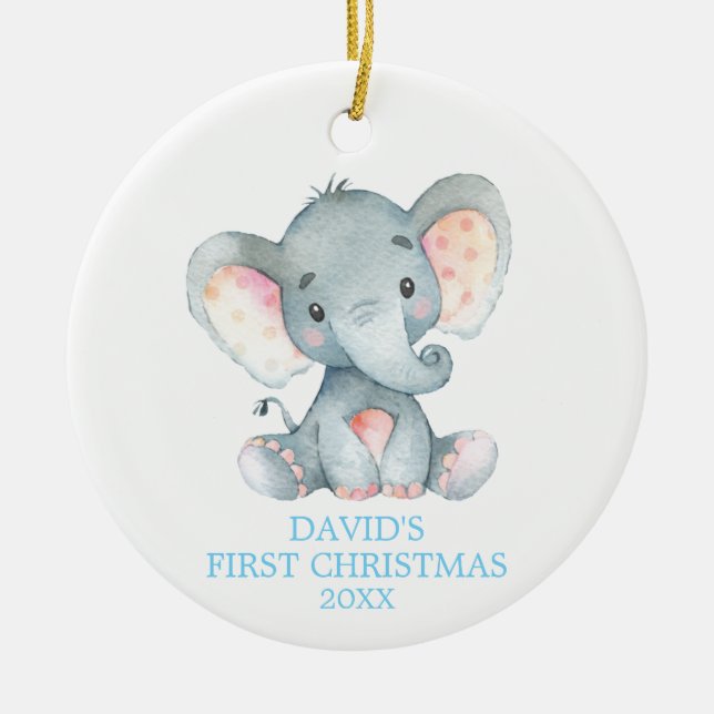 Niedlich Elephant Baby Boy First Christmas Blue Keramik Ornament (Vorne)
