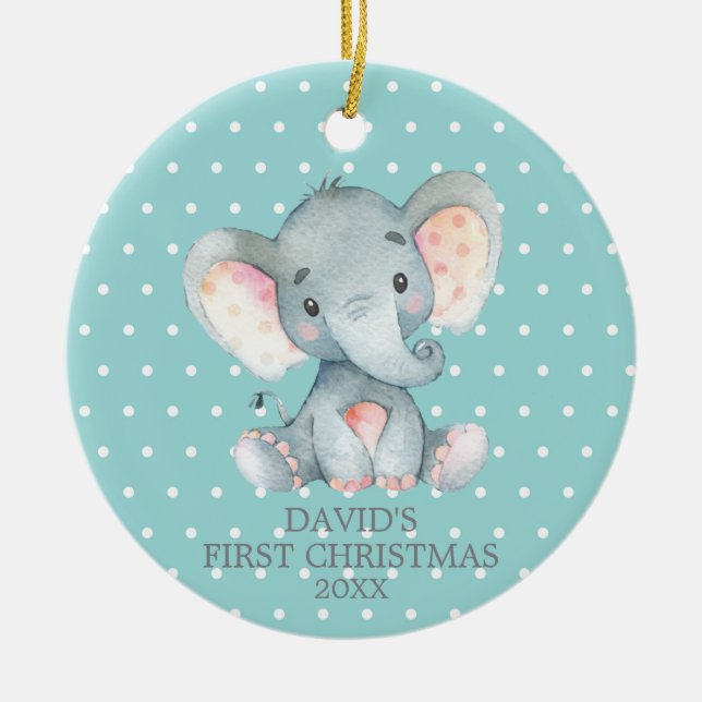 Niedlich Elephant Baby Erste Weihnachten Aquamarin Keramik Ornament (Vorne)