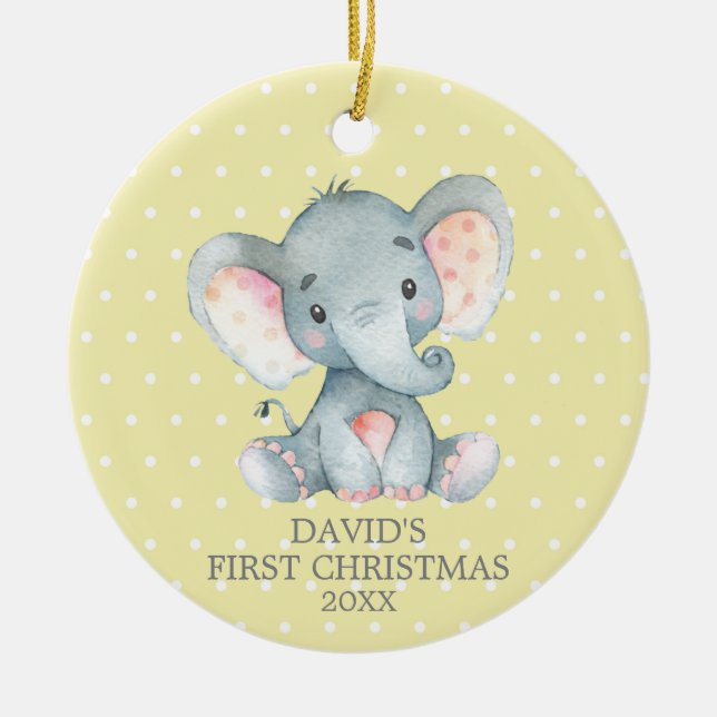 Niedlich Elephant Baby First Christmas Gelb und Gr Keramik Ornament (Vorne)