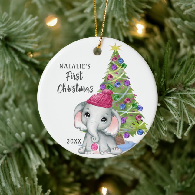 Niedlich Elephant Baby First Christmas Girl Foto Keramik Ornament (Baum)