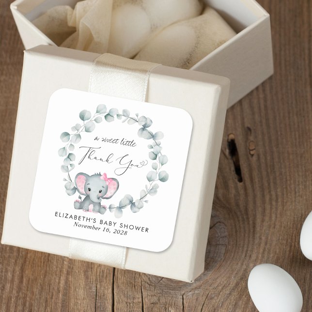 Niedlich Elephant Baby Girl Dusche Vielen Dank Quadratischer Aufkleber (Von Creator hochgeladen)
