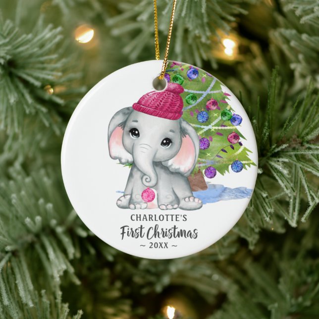 Niedlich Elephant Baby Girl Erstes Foto Keramik Ornament (Baum)