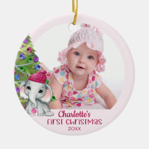 Niedlich Elephant Baby Girl Erstes Foto Rosa Keramik Ornament