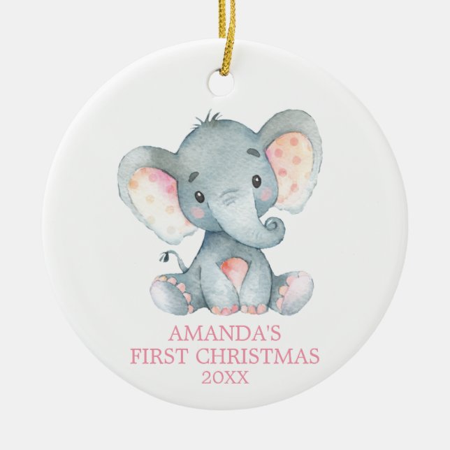 Niedlich Elephant Baby Girl First Christmas Pink Keramik Ornament (Vorne)