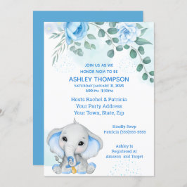 Niedlich Elephant Baby Shower Boy Blue Floral Einladung