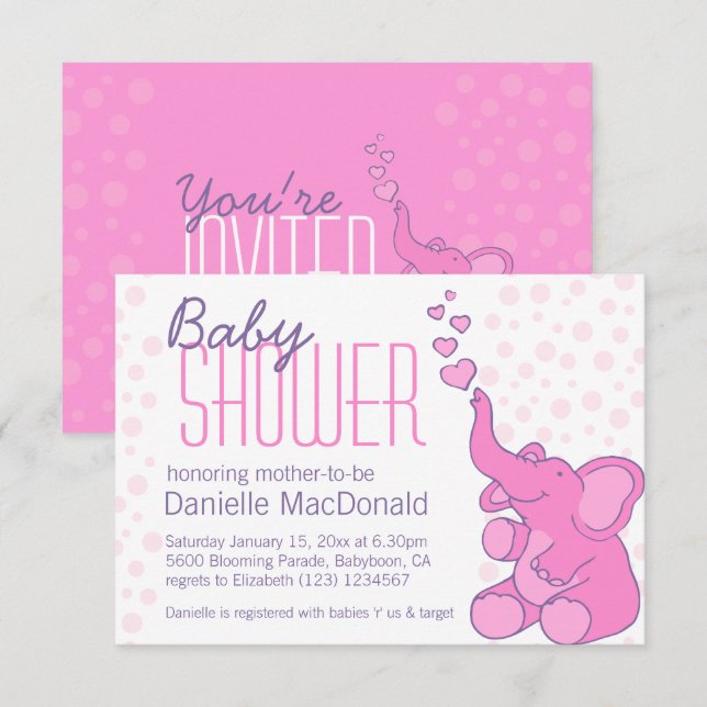 Niedlich Elephant Babydusche hübsch rosa Einladung (Vorne/Hinten)