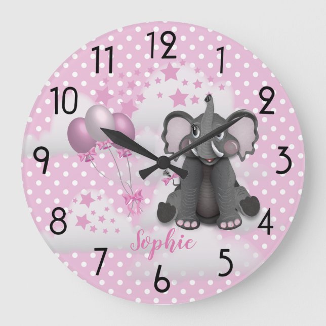 Niedlich Elephant Balloons Baby Girl Pink Kinderzi Große Wanduhr (Vorderseite)