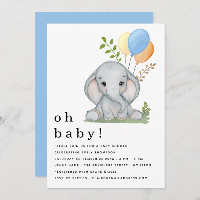 Niedlich Elephant Balloons Blue Boy Baby Dusche Einladung (Vorne/Hinten)