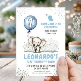 Niedlich Elephant Blue Balloon 1. Geburtstag Einladung
