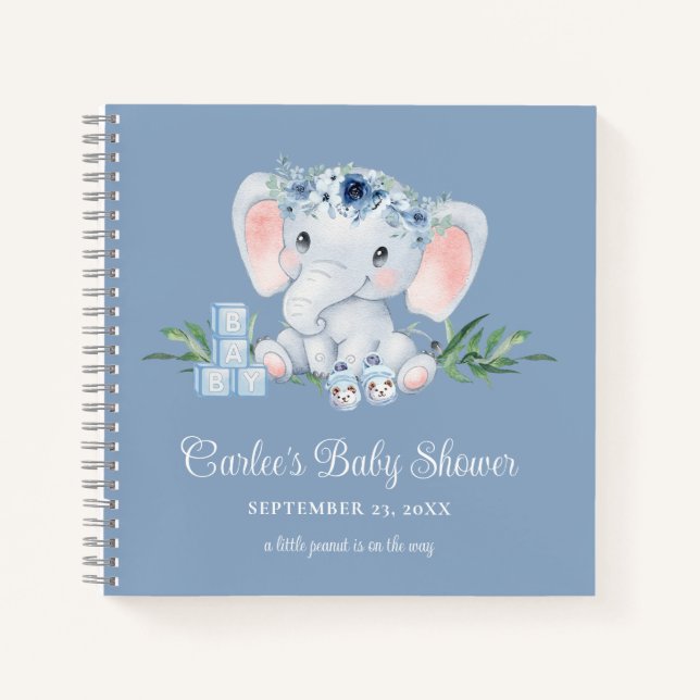 Niedlich Elephant Blue Floral Boy Baby Dusche Notizbuch (Vorderseite)